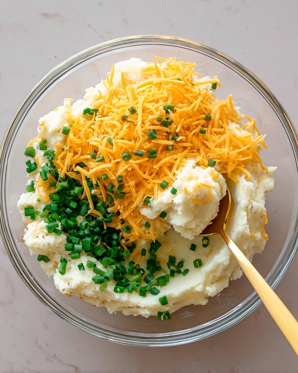 A clear glass bowl holds three main layers: fluffy white mashed potatoes forming the base, a layer of bright orange shredded cheddar cheese piled in the center, and small, vibrant green chopped scallions sprinkled on top and around the cheese. A long gold spoon rests on the right side, scooping into the mashed potatoes. The bowl sits on a surface with a white marbled texture. photo taken with an iphone --ar 4:5 --v 7