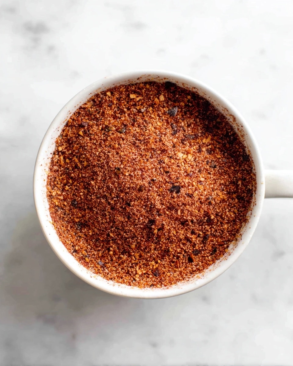 A white bowl filled with a mix of red and brown spices, creating a textured, grainy surface that looks powdery and slightly uneven, with some small flecks of darker and lighter colors spread throughout. The bowl is placed on a white marbled surface, with the mix reaching close to the edges, giving a rich, dense look to the spice blend. photo taken with an iphone --ar 4:5 --v 7