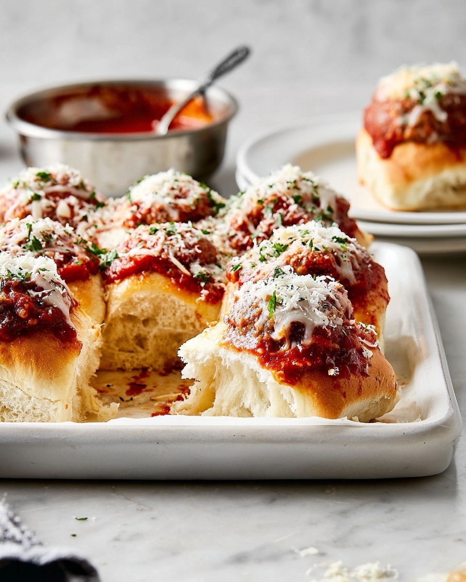 A white tray holds several soft, light brown dinner rolls topped with a thick red tomato sauce, a round meatball, melted white cheese, and sprinkled with green herbs and white grated cheese. One roll has a large bite taken out, showing its soft, fluffy inside. In the background, there is a silver bowl with more red sauce and a white plate holding another topped roll. The scene is set on a white marbled surface. photo taken with an iphone --ar 4:5 --v 7