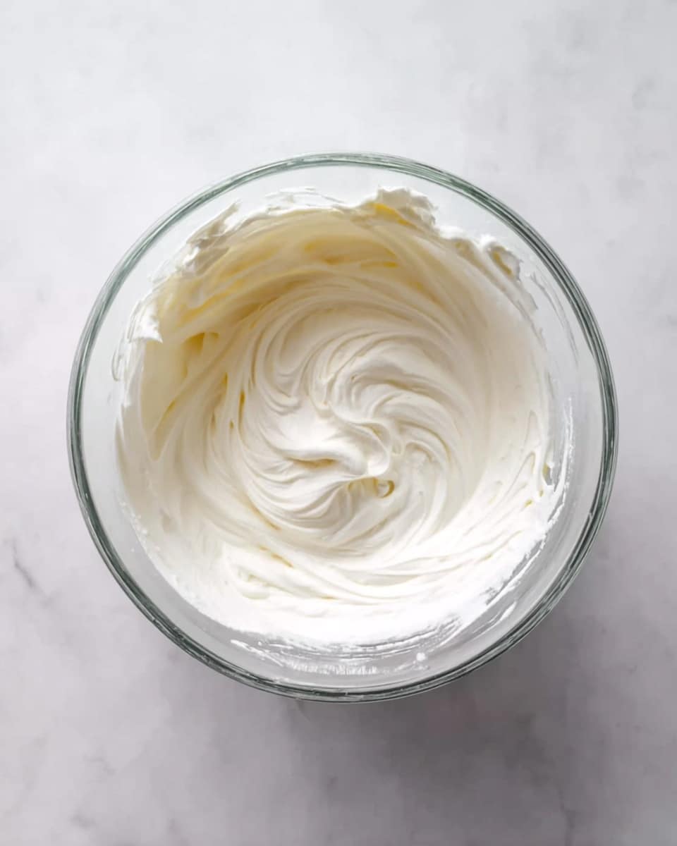A clear glass bowl filled with smooth, creamy white whipped mixture that has swirl patterns on the surface from stirring. The bowl is placed on a white marbled surface, and the texture of the cream looks soft and thick with visible peaks and folds. Photo taken with an iphone --ar 4:5 --v 7