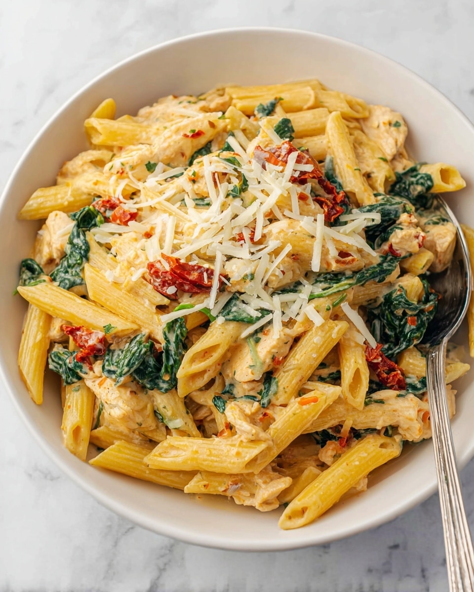 The image shows a bowl of creamy penne pasta layered with light yellow pasta tubes mixed with wilted dark green spinach leaves and small pieces of white chicken. Bright red sun-dried tomatoes add pops of color scattered throughout the dish. The pasta is coated in a smooth cream sauce and topped with thin, shredded white cheese. The bowl is placed on a white marbled surface with a spoon resting inside the bowl. The photo taken with an iphone --ar 4:5 --v 7