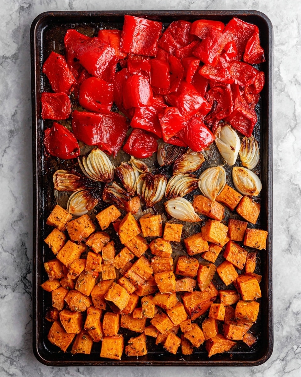 This image shows a single-layer baking tray filled with roasted vegetables. The top half of the tray has bright red roasted bell pepper pieces with some edges slightly charred and wrinkled. Below the peppers, there are browned roasted onion chunks and cloves of garlic with a caramelized texture. The bottom half of the tray is covered with roasted sweet potato cubes, which are orange with a crispy, browned exterior. All the vegetables look well-roasted with natural color contrasts on a dark baking tray, placed on a surface with white marbled texture photo taken with an iphone --ar 4:5 --v 7