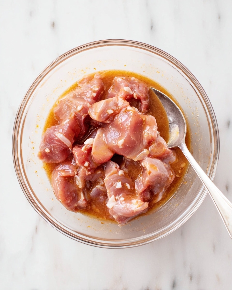 A clear glass bowl filled with several pieces of raw meat soaking in a light brown marinade, showing a wet and shiny texture with some white fat spots. The pieces vary in size and shape, mostly fresh pinkish-red with the sauce coating evenly. A silver spoon rests inside the bowl on the right side, partially covered by the meat. The bowl is placed on a white marbled surface. photo taken with an iphone --ar 4:5 --v 7