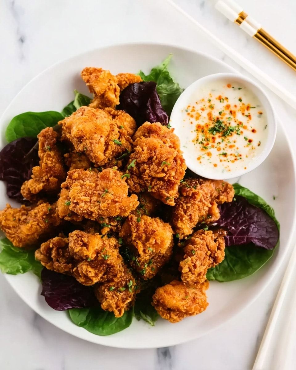 A white plate filled with many pieces of golden-brown fried chicken arranged in a small pile, with some green spinach leaves and purple lettuce placed underneath and around the chicken. To the right side of the plate, a white bowl holds white creamy sauce sprinkled with orange seasoning and green herbs. The surface underneath is a white marble texture, and a pair of white and gold chopsticks rest diagonally at the upper right edge of the plate. Photo taken with an iphone --ar 4:5 --v 7