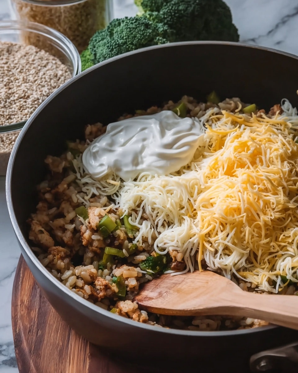 The image shows a close-up of a dark metal pan placed on a wooden surface, filled with mixed cooked ingredients. The bottom layer is a mix of small light brown pieces, possibly cooked grains or meat, with some green vegetable bits scattered throughout. On top of this, there is a large dollop of thick white creamy substance on the left side, and a generous pile of shredded yellow and white cheese on the right side. A wooden spoon is resting inside the pan, partly buried in the ingredients, and a broccoli floret and a container of grains are blurred in the white marbled background. Photo taken with an iphone --ar 4:5 --v 7