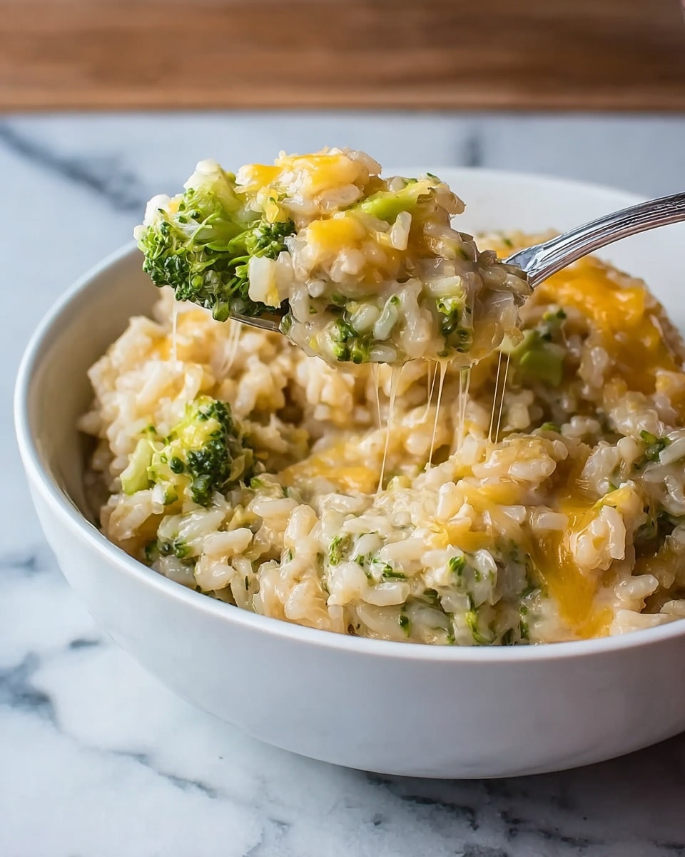 A white bowl filled with creamy rice mixed with green broccoli pieces and melted yellow cheese, showing soft and slightly sticky texture. A silver fork lifts a serving of the dish, with strings of melted cheese stretching from the bowl. The dish has a mix of light beige rice and vibrant green broccoli, with the cheese adding a glossy yellow layer on top. The bowl is placed on a white marbled surface. Photo taken with an iphone --ar 4:5 --v 7