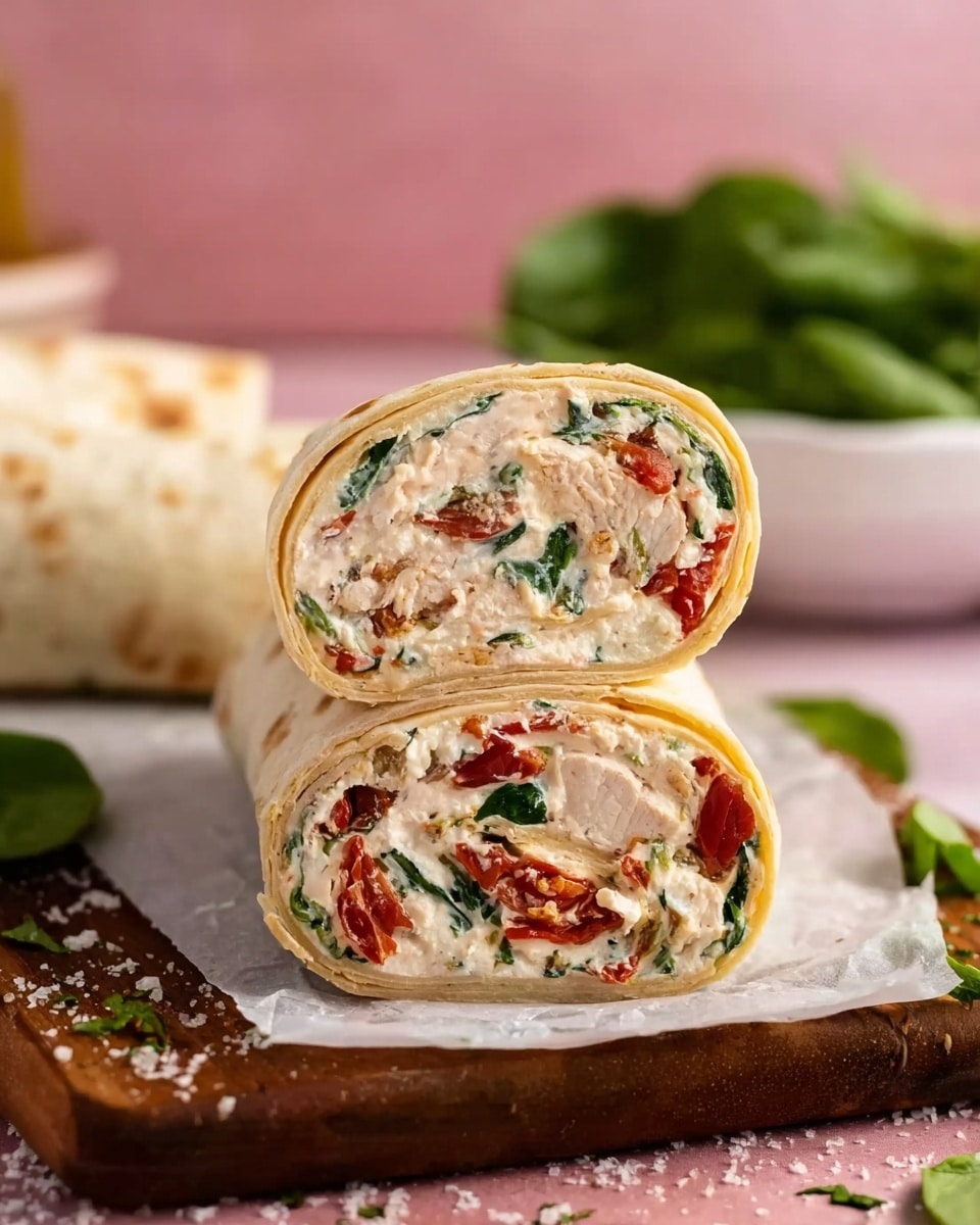 A close-up view of a wrap cut in half, showing three visible layers inside: a soft, light beige flatbread outer layer, a thick creamy white filling with small pieces of red sun-dried tomatoes and green spinach leaves mixed throughout, and some small chunks of light cooked chicken within the filling. The wrap halves are placed on a piece of parchment on a wooden board with a dark brown rough texture, set on a pink surface with some scattered green herbs and tiny white crumbs. In the blurred background, there is a bowl filled with fresh green spinach leaves. Photo taken with an iphone --ar 4:5 --v 7
