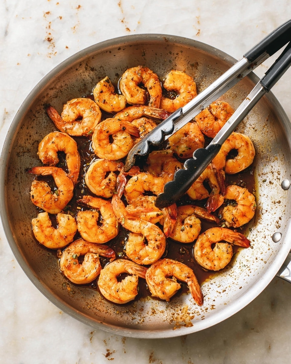 A large silver pan filled with about twenty pieces of cooked shrimp, each shrimp orange with a slightly charred surface, sitting in a dark glossy sauce spread evenly across the bottom of the pan. Two metal tongs with black silicone tips are resting inside the pan, one held over the shrimp as if about to grab one. The pan is placed on a white marbled surface with some brown specks and bits of seasoning around the shrimp. The shrimp are arranged in a single layer, covering most of the pan's bottom. photo taken with an iphone --ar 4:5 --v 7
