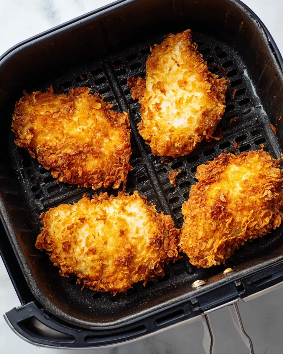 Four pieces of golden brown crispy fried chicken are placed inside a black air fryer basket with a grid pattern bottom. Each piece has a rough, crunchy texture with small crisp bits sticking out, showing an even fried color that ranges from light golden to deeper brown spots. The background is a white marbled surface. photo taken with an iphone --ar 4:5 --v 7