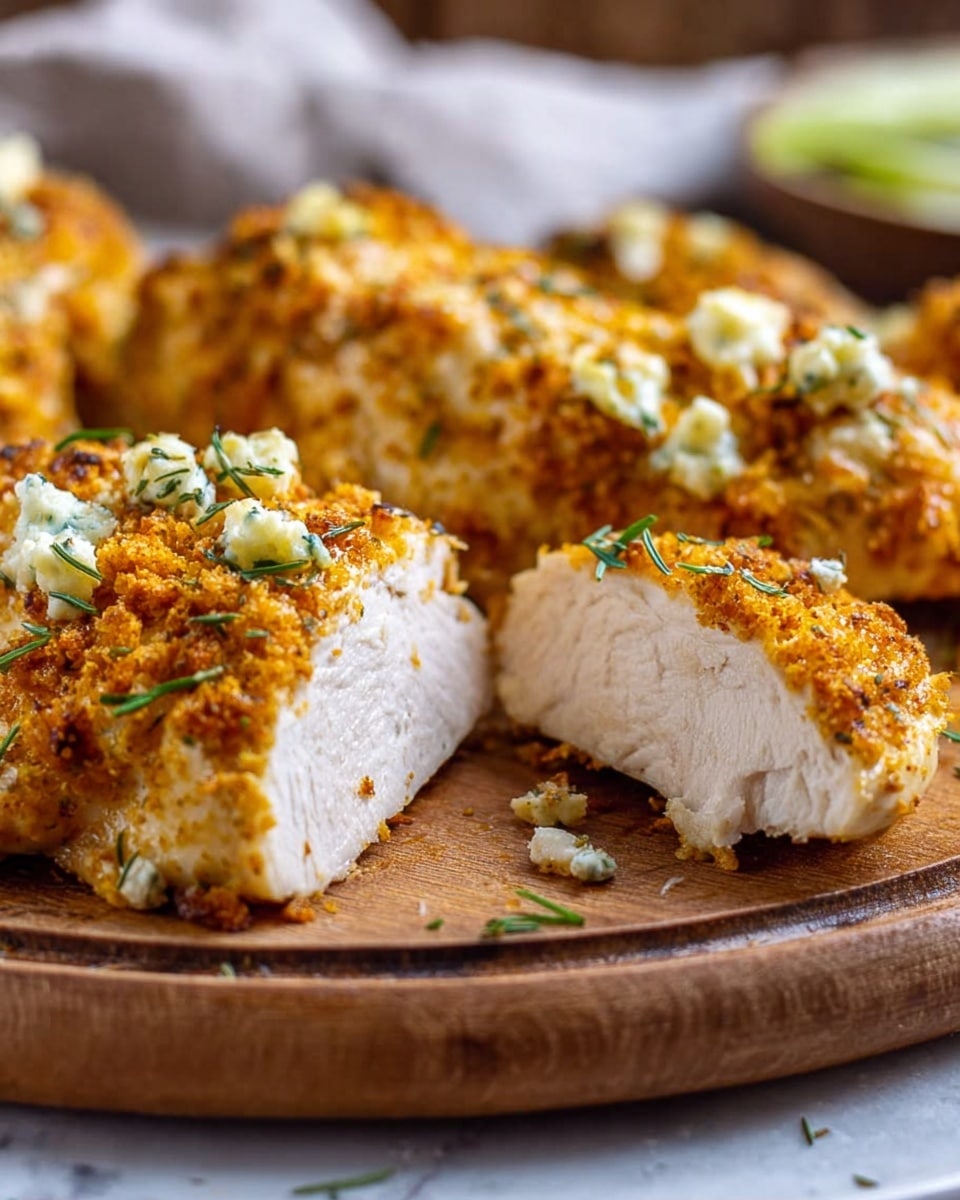The image shows pieces of cooked white chicken topped with a crispy, golden brown crumb layer mixed with melted cheese and small green herb leaves sprinkled on top. The chicken pieces are arranged on a round wooden plate placed on a white marbled textured surface. One piece is sliced to show the juicy white inside, contrasting with the crunchy, textured orange-brown topping. The background is softly blurred, hinting at more food items without clear details, photo taken with an iphone --ar 4:5 --v 7
