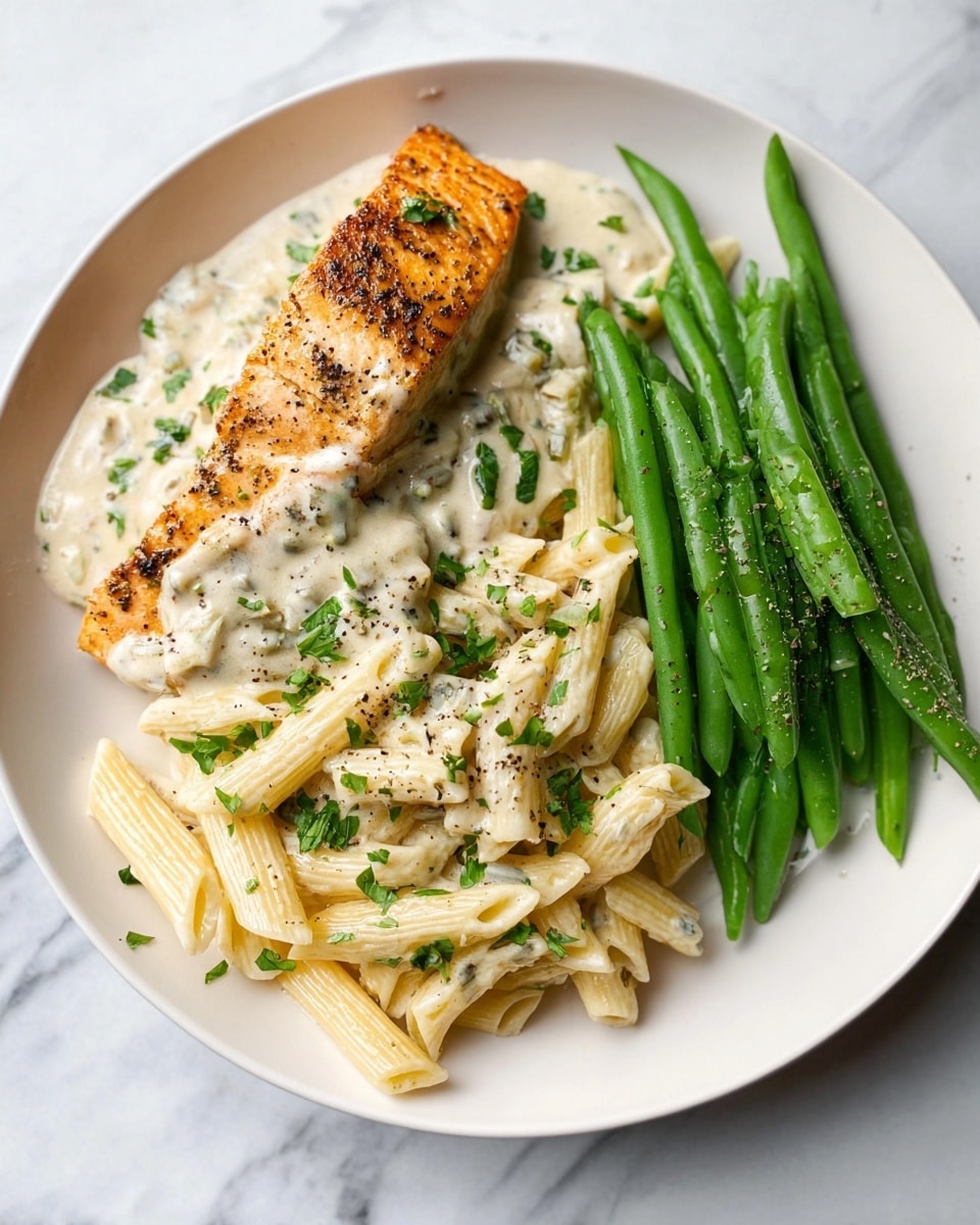 The dish is served on a white plate with three clear layers of food. On the left side, there is a grilled piece of salmon with a golden-brown color, resting partially on a creamy white sauce with green herb pieces. Below the salmon, a layer of creamy pasta with penne noodles covered in the same white sauce and sprinkled with chopped green herbs forms the middle section. On the right side, whole, bright green steamed green beans lay neatly stacked, with a light sprinkle of black pepper on top. The plate is placed on a white marbled surface. photo taken with an iphone --ar 4:5 --v 7