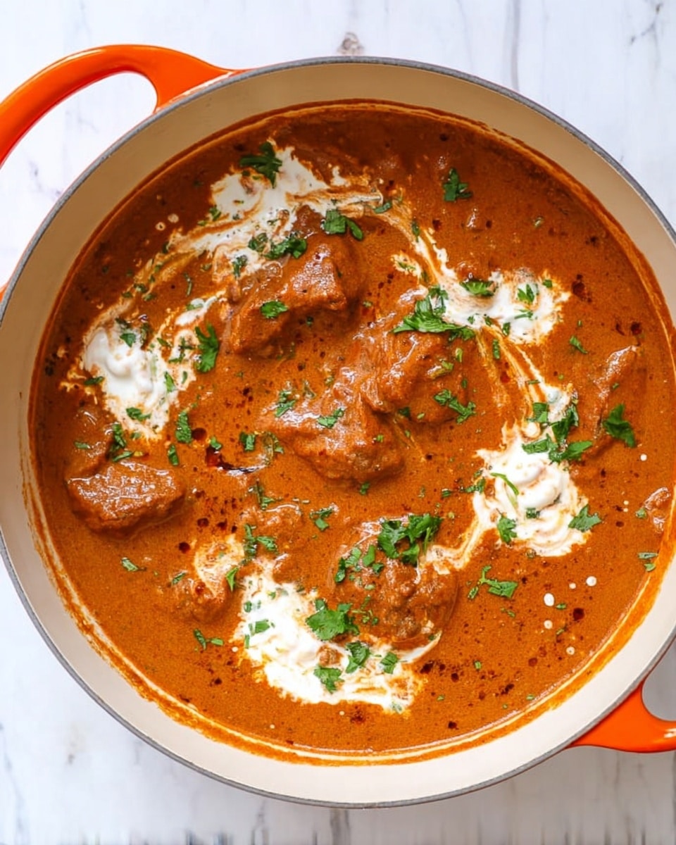 The image shows a thick orange-brown curry in a white pot with orange handles. The curry has several pieces of meat partially covered by the sauce, with three dollops of white cream spread across the top. Small green herb leaves are scattered on the surface, adding a fresh touch. The pot is placed on a white marbled surface, creating a clean and bright background. photo taken with an iphone --ar 4:5 --v 7