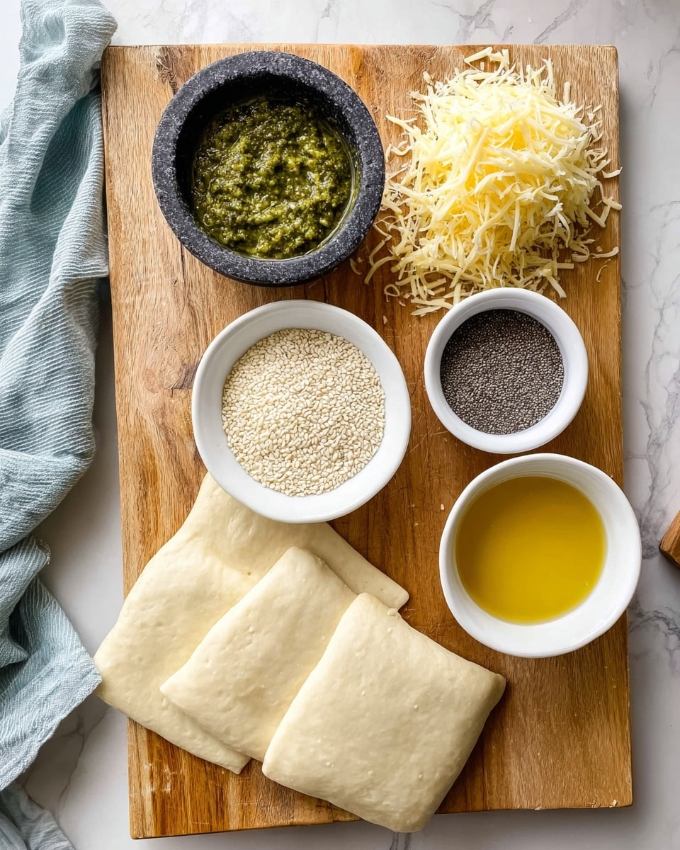A wooden cutting board placed on a white marbled surface holds four small white bowls and a pile of shredded pale yellow cheese in the top right area. The top left bowl contains a green, chunky pesto sauce with visible texture. Below it, a black stone bowl holds off-white sesame seeds. Centered below is a white bowl filled with dark gray poppy seeds, and to the right, another white bowl contains a golden yellow liquid, likely oil. Below the cutting board, on the white marbled surface, five rectangular sheets of light beige dough are laid out in a neat row. A light blue cloth is partially visible on the top left edge of the image. Photo taken with an iphone --ar 4:5 --v 7