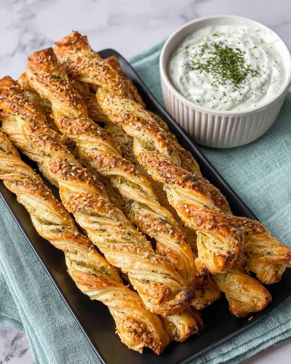 The image shows a black rectangular plate filled with several twisted puff pastry sticks, each with a golden brown color, sprinkled with sesame seeds, poppy seeds, and bits of grated cheese, giving a textured appearance. The twisted layers display light and darker golden tones with visible herbs inside. To the right of the plate, there is a white ceramic bowl that contains a white creamy dip topped with chopped green herbs. The plate and bowl are placed on a pale teal cloth, all set on a white marbled surface. photo taken with an iphone --ar 4:5 --v 7