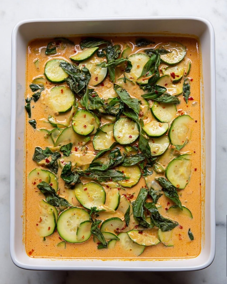 A white rectangular dish filled with a creamy orange sauce that has a smooth texture and slight red specks throughout. Floating in the sauce are two main layers of vegetables: the first consists of sliced zucchini pieces showing pale green flesh with dark green edges, arranged evenly across the sauce; the second layer is made of torn leafy greens with dark and light green shades, scattered atop the zucchini. The sauce slightly touches the edges of the dish, with some sauce stains along the sides. The whole dish sits on a white marbled surface. photo taken with an iphone --ar 4:5 --v 7