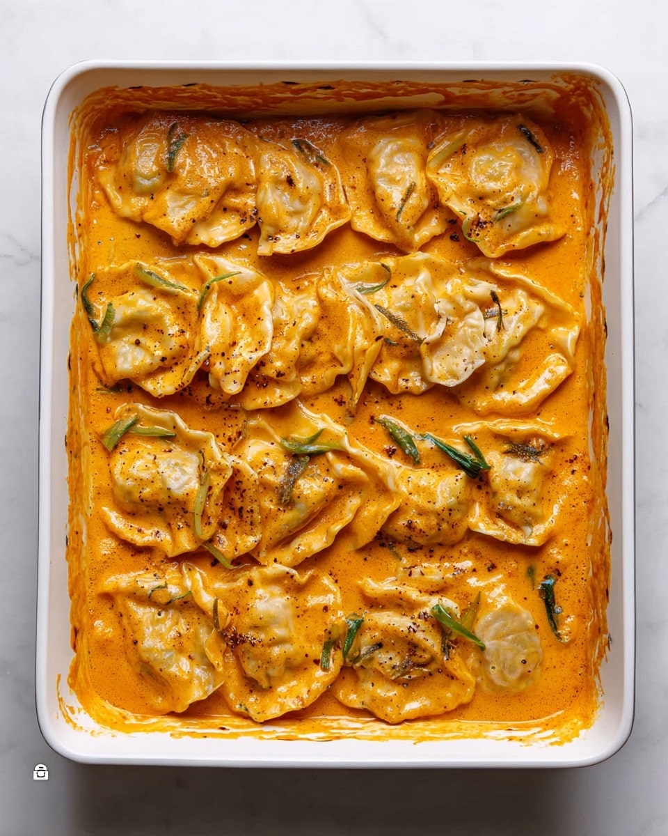 A white rectangular baking dish filled with a single layer of dumplings arranged side by side, covered in a thick, creamy orange sauce. The dumplings are golden brown, showing slight crisp edges, and are partially submerged in the sauce. Scattered in the sauce are pieces of green vegetables, adding small spots of darker green color throughout the dish. The dish sits on a white marbled surface, with no other objects around, showing only the rich texture of the sauce and the soft dumplings. photo taken with an iphone --ar 4:5 --v 7