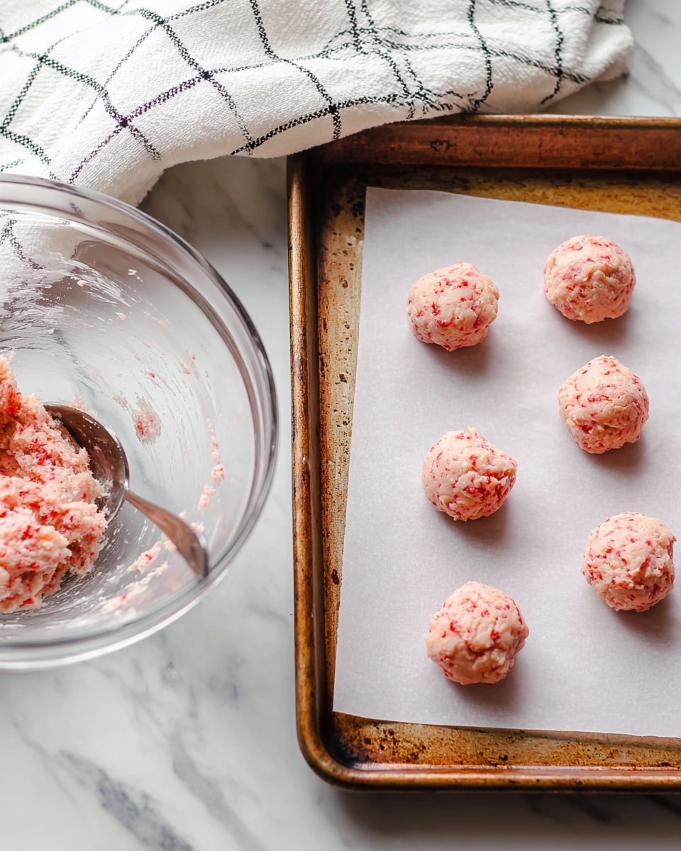 The image shows a rusty metal baking tray lined with white parchment paper holding six evenly spaced small dough balls that have a light pink color with visible red specks and a rough texture. To the left, there is a clear glass mixing bowl containing more of the same dough with a metallic spoon partially embedded in it. Behind these, there is a white cloth with a thin black grid pattern folded on a white marbled surface. The scene is bright and clean, focusing on the dough balls ready for baking photo taken with an iphone --ar 4:5 --v 7