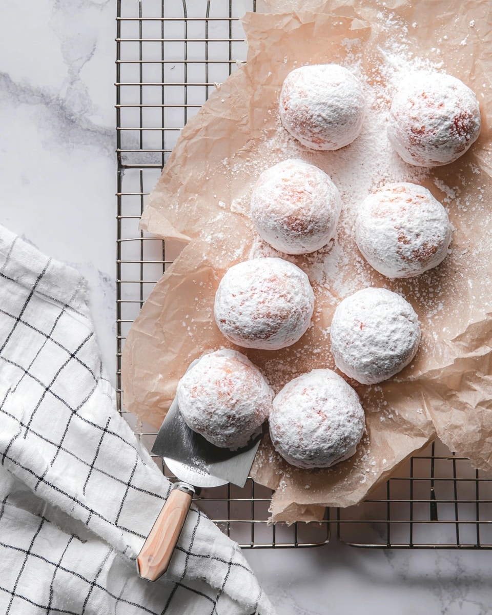 The image shows several round pastries covered lightly with powdered white sugar, arranged on crumpled parchment paper over a cooling rack. The pastries have a soft, slightly pinkish dough visible beneath the sugar coating, and they look fluffy and smooth. A metal spatula with a wooden handle is placed under one pastry, showing some sugar dust on its surface. A white cloth with black grid lines lies next to the cooling rack on a white marbled surface. The overall scene is bright and clean. photo taken with an iphone --ar 4:5 --v 7