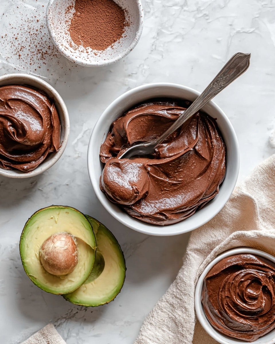 The image shows a close-up of smooth, dark brown chocolate mousse served in three white bowls of different sizes. In the center, a larger bowl filled with creamy, shiny chocolate mousse has a spoon resting on its side, slightly dipping into the mousse. To the right, a smaller bowl also has a thick layer of chocolate mousse with smooth swirls on top. Above the center bowl, an empty white bowl with cocoa powder sprinkled inside and a silver spoon lies on a white marbled texture surface. To the left, a halved avocado with bright green flesh and bumpy dark skin is placed next to a small bowl with some chocolate mousse. The overall scene captures a mix of rich chocolate textures and fresh avocado, all laid on a soft white marbled background with a light beige cloth partially visible on the lower right side. Photo taken with an iphone --ar 4:5 --v 7