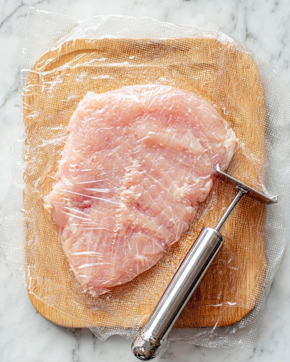 A raw piece of chicken meat flattened out in one layer on a wooden board covered with clear plastic wrap, with visible texture from being tenderized showing small indentations and a pale pink color; next to the meat, on the right side, there is a metal meat tenderizer hammer resting on the board; the background is a white marbled surface photo taken with an iphone --ar 4:5 --v 7