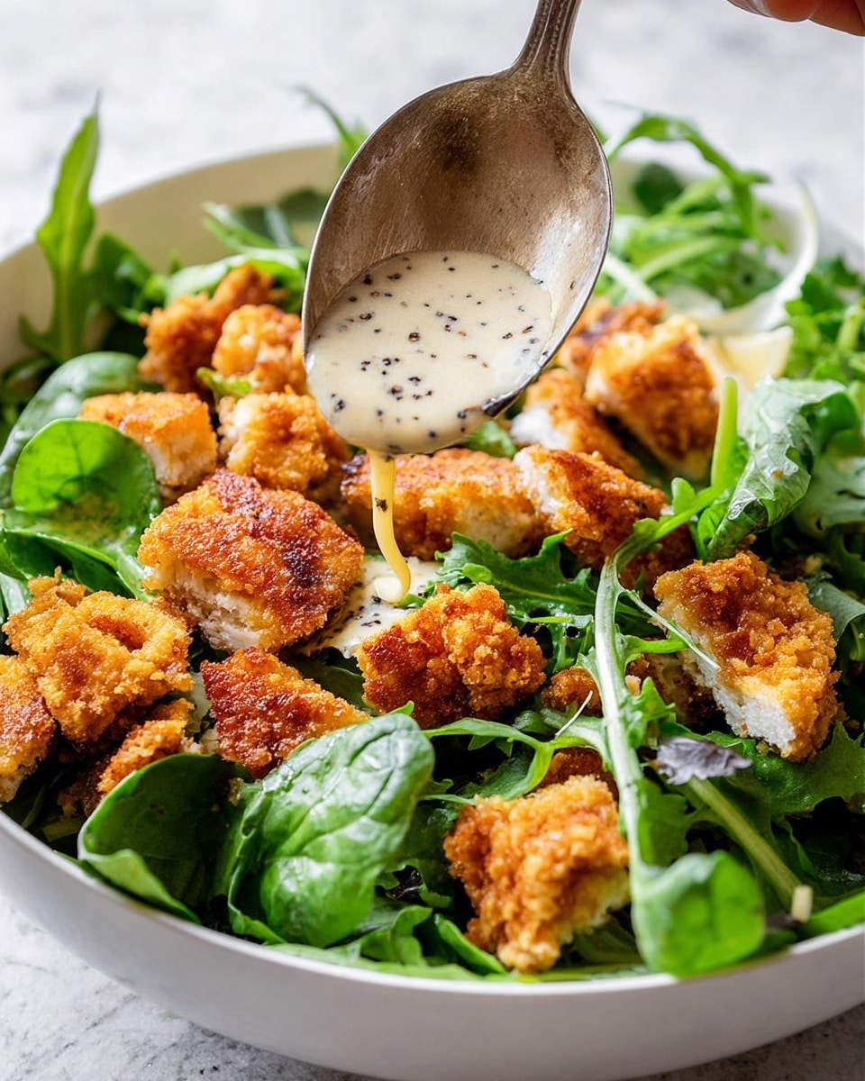 The image shows pieces of golden-brown breaded chicken placed on a bed of fresh, green spinach and cilantro leaves in a white bowl. A metal spoon is held by a woman's hand above, pouring a light, creamy dressing over the chicken. The chicken pieces have a crispy texture with a mix of lighter and darker brown shades, while the leafy greens underneath are bright and fresh, providing a contrast in color and texture. The background features a white marbled surface. photo taken with an iphone --ar 4:5 --v 7