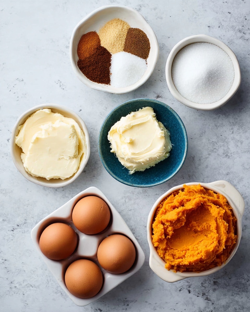 Five bowls with ingredients are placed on a white marbled surface. One small white bowl at the top holds five different spices in small mounds: dark brown, light brown, white, yellow, and a mix of colors. Below this, a blue bowl is filled with smooth, creamy white butter. To the right of the butter, a white bowl is full of white granulated sugar. At the bottom left, there is a white tray holding four brown eggs, and on the right, a white bowl with two small handles contains bright orange mashed sweet potato, showing smooth and slightly chunky texture. Photo taken with an iphone --ar 4:5 --v 7