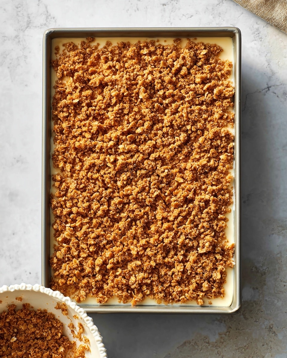 A rectangular baking pan filled with a dessert that has two main layers. The bottom layer is smooth and light cream colored, almost hidden under the top layer. The top layer is thickly covered with a crumbly mixture that is golden brown and contains visible oats, giving it a rough, textured look. The pan is placed on a white marbled surface, and in the lower right corner, there is a white bowl with bead-like edge details, showing some crumbs inside. Photo taken with an iphone --ar 4:5 --v 7