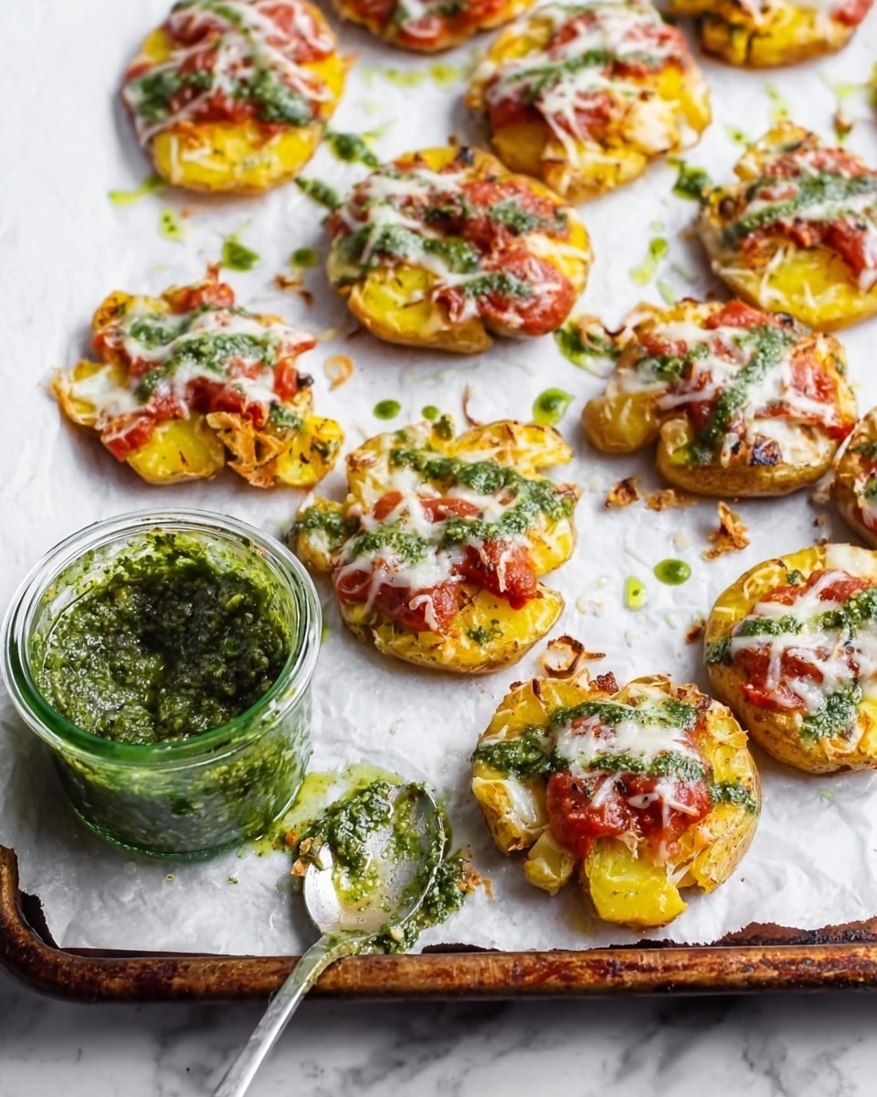 Small, round smashed potatoes are spread out on a white parchment paper on a baking tray. Each potato piece has a golden-yellow base layer with a rough texture. On top, there is a bright red sauce layer, followed by a sprinkling of melted white cheese. Green pesto sauce is drizzled in thin lines across many of the potato pieces. A small glass jar filled with thick green pesto sits on the bottom left corner of the tray, with some pesto spilled nearby. A silver spoon with pesto rests on the right side of the tray. The tray is placed on a white marbled surface. Photo taken with an iphone --ar 4:5 --v 7