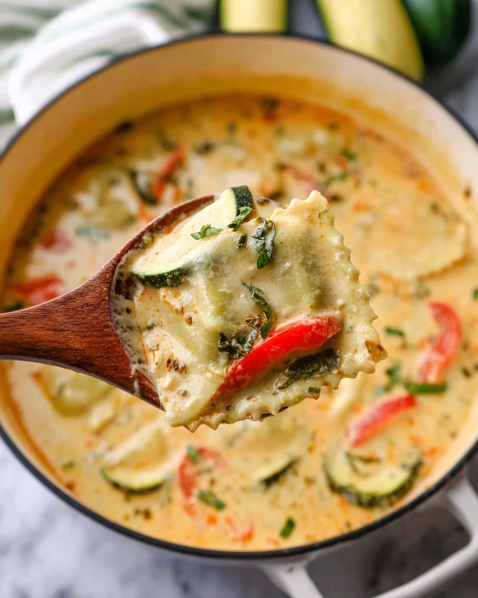 A wooden spoon holds a close-up of creamy soup with a pale light yellow base, showing pieces of sliced ravioli pasta layered with green herbs, a chunk of dark green zucchini, and a bright red strip of bell pepper. The spoon is lifted above a white pot filled with the same creamy soup, where more ravioli, chunks of zucchini, and red bell pepper pieces can be seen scattered throughout the thick broth. The pot sits on a white marbled surface with blurred green and yellow objects in the background. photo taken with an iphone --ar 4:5 --v 7