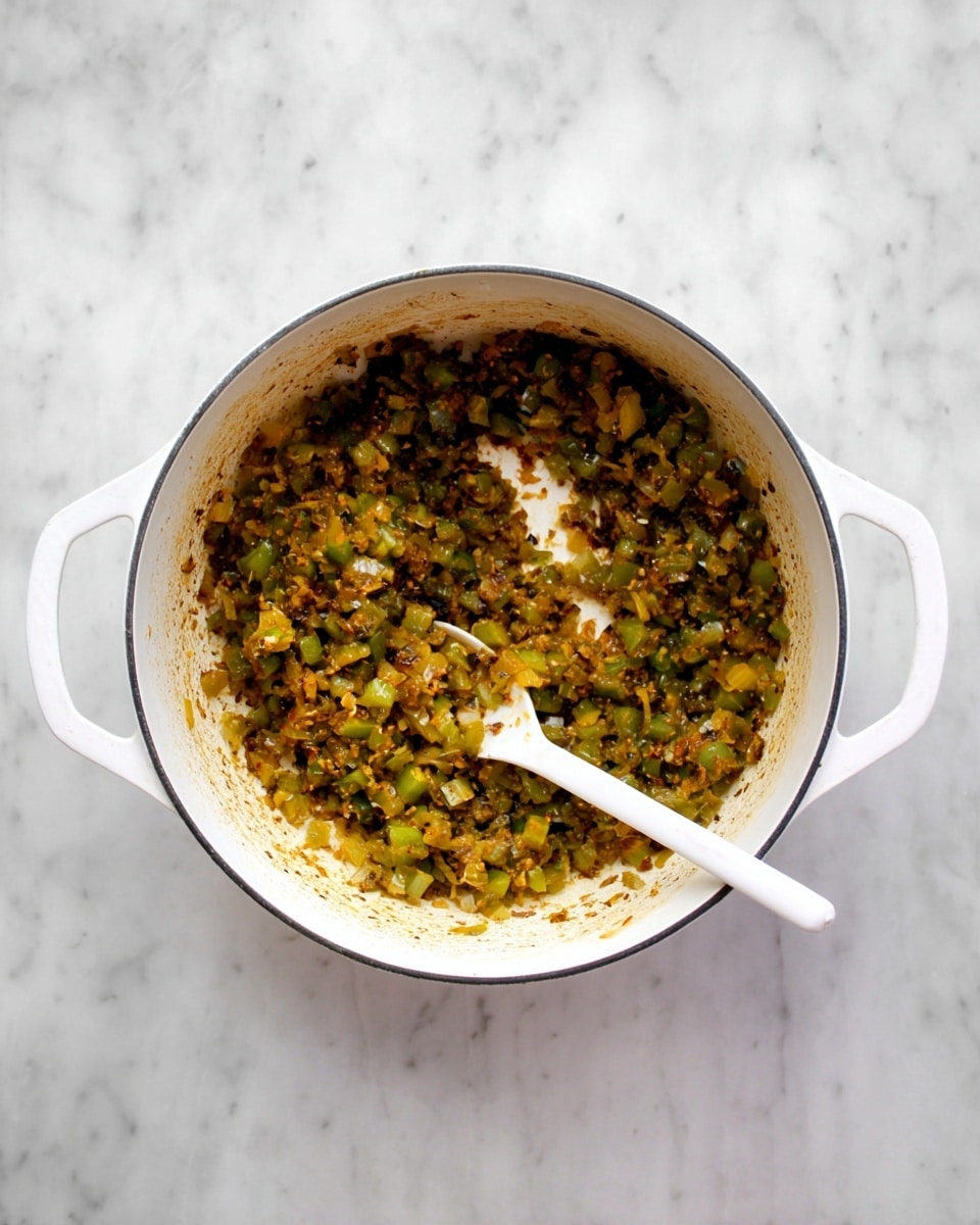 A white round pot with two handles contains a single layer of cooked chopped vegetables including green peppers and onions, mixed and lightly browned with a slightly oily texture, placed on a white marbled surface. Inside the pot lies a white spoon covered lightly with the same vegetable mixture, resting near the center. The pot's inner surface shows some cooked stains near the edges, adding texture contrast. photo taken with an iphone --ar 4:5 --v 7