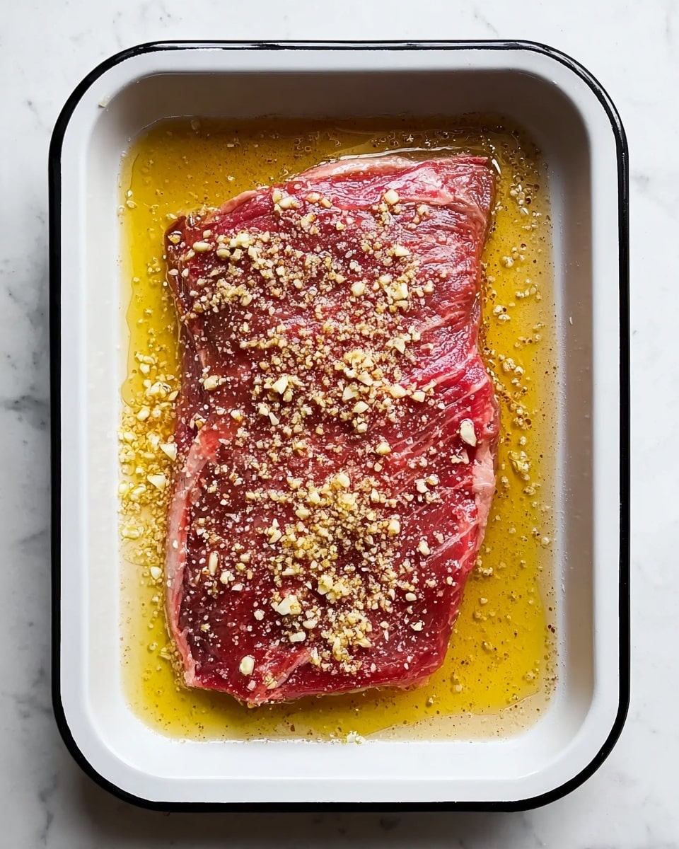 A large piece of raw red meat lays flat in a white enamel tray with a black rim. The meat is coated with a thick layer of finely chopped garlic and is resting in a pool of golden yellow oil that fills the bottom of the tray. The texture of the meat shows natural muscle grain and marbling, while the garlic pieces are scattered evenly across the top surface. The white tray sits on a white marbled surface, adding a clean, bright background to the rich colors of the meat and oil. photo taken with an iphone --ar 4:5 --v 7