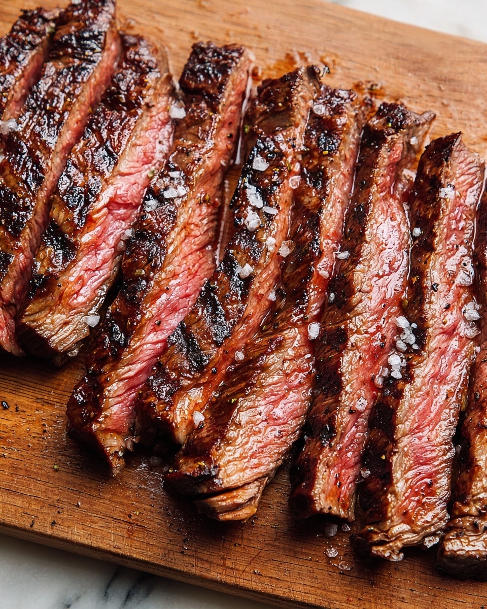 The image shows a close-up of grilled steak sliced into eight long, thin pieces arranged side by side on a wooden cutting board. The steak has a dark brown, seared outer layer with grill marks and visible seasoning, while the inside remains pink and juicy with a tender texture. Some pieces show a slight gradient from dark brown edges to a more vibrant pink center, and flakes of salt are scattered on top. The background surface is a white marbled texture. photo taken with an iphone --ar 4:5 --v 7