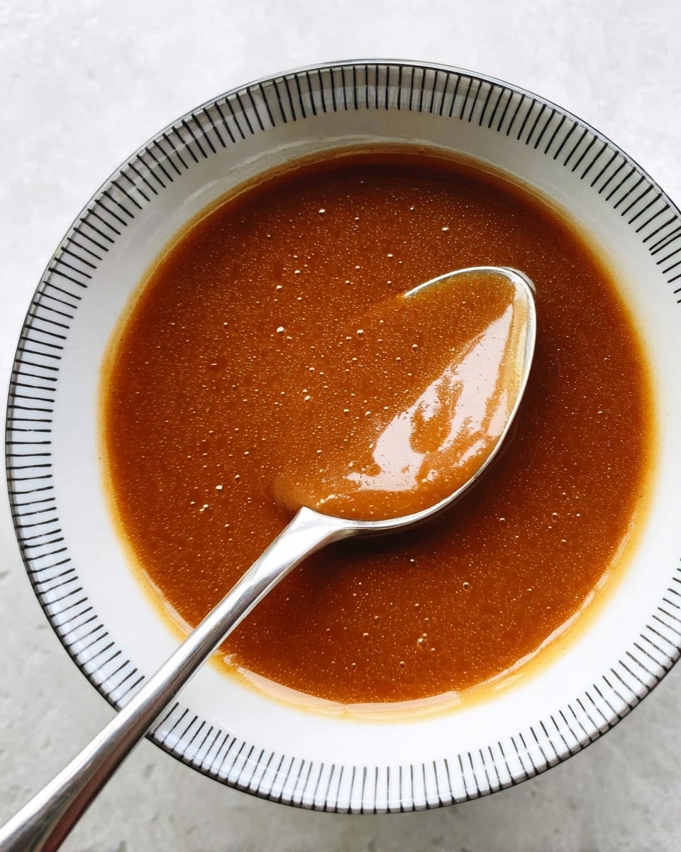 A close-up top view of a bowl filled with smooth, thick brown sauce with small air bubbles, covering most of the bowl’s surface. Inside the bowl is a silver spoon resting, coated in the sauce with a shiny reflection on it. The bowl is white with a subtle black grid pattern around the rim and sits on a white marbled texture surface. photo taken with an iphone --ar 4:5 --v 7