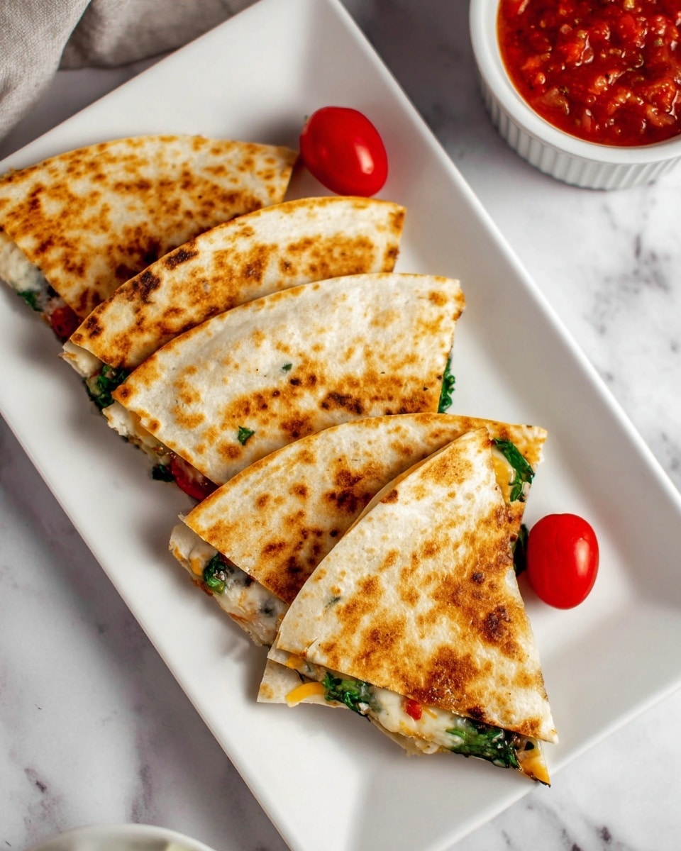 Four triangular quesadilla pieces with golden-brown toasted surfaces are neatly placed side by side on a white rectangular plate. Inside each quesadilla, visible greens, melted cheese, and small bits of red, likely tomato, add color and texture within the folded tortilla layers. The plate is set on a white marbled surface with a small red cherry tomato, one whole and one halved, next to the quesadillas. At the top right corner, part of a white bowl filled with bright red salsa is visible. photo taken with an iphone --ar 4:5 --v 7