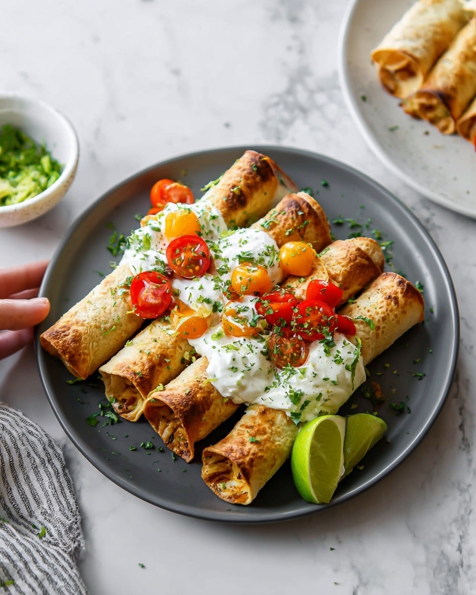 The image shows a white plate with six golden-brown rolled taquitos placed closely together. Each taquito has a slightly crispy texture with some darker brown spots from cooking. On top, there are dollops of white creamy sauce, sprinkled with chopped green herbs and small, bright red and orange cherry tomato halves scattered over the taquitos. Two lime wedges with a fresh green color are placed on the right side of the plate. The plate is set on a white marbled surface with a blurred second identical plate in the background to the right, and a woman's hand with a white bowl holding lime wedges visible on the left side of the image. photo taken with an iphone --ar 4:5 --v 7