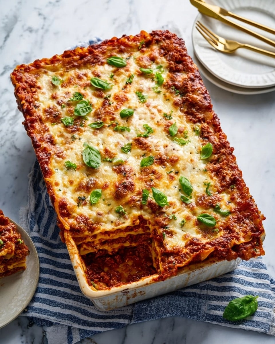A rectangular lasagna on a white marbled surface, layered with a crispy golden-brown baked cheese top sprinkled with green basil leaves, underneath which is a rich brown meat sauce layer mixed with melted cheese, all held together by soft pasta layers that peek through the edges. The lasagna rests on a blue and white striped cloth, with a small part cut out at the bottom corner revealing the layered inside texture. Nearby are two small white plates with gold fork and spoon handles. Photo taken with an iphone --ar 4:5 --v 7