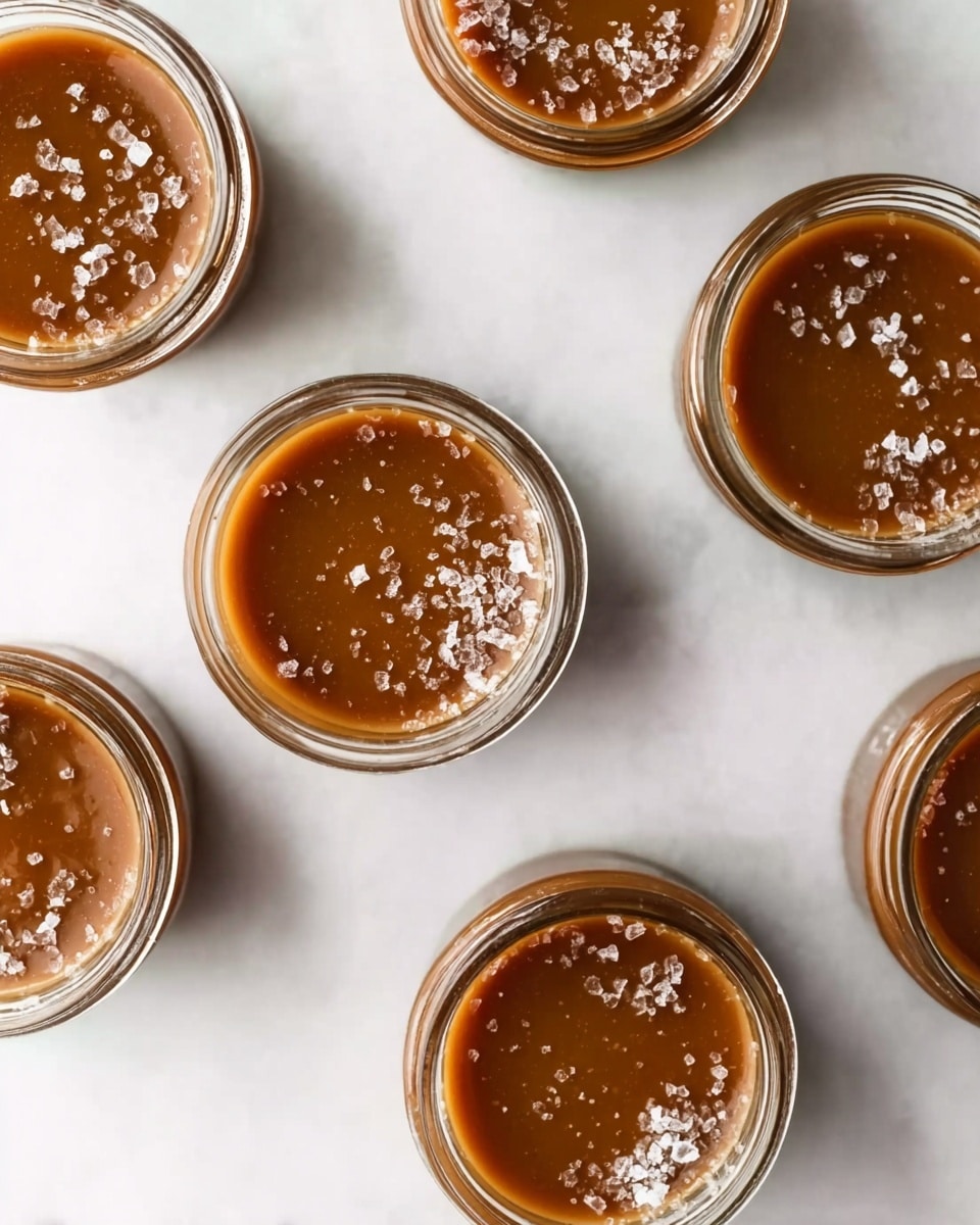 The image shows six small clear glass jars filled with smooth, rich brown caramel sauce. Each jar is topped with a sprinkle of coarse white sea salt crystals, adding texture and contrast. The jars are placed on a white marbled surface that brightens the scene. The caramel looks creamy and shiny, filling the jars almost to the brim. The jars are spread out evenly with some slight shadows underneath, giving a neat and clean look. Photo taken with an iphone --ar 4:5 --v 7