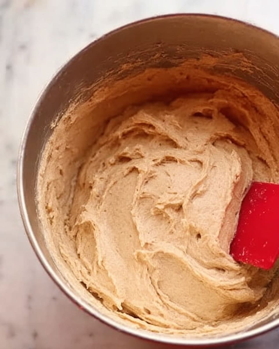 A close-up view of thick, light brown dough or batter inside a shiny steel mixing bowl, showing a creamy and smooth texture with small air pockets. A red spatula is partially visible on the right edge, blending the batter gently. The bowl is placed on a white marbled surface. photo taken with an iphone --ar 4:5 --v 7