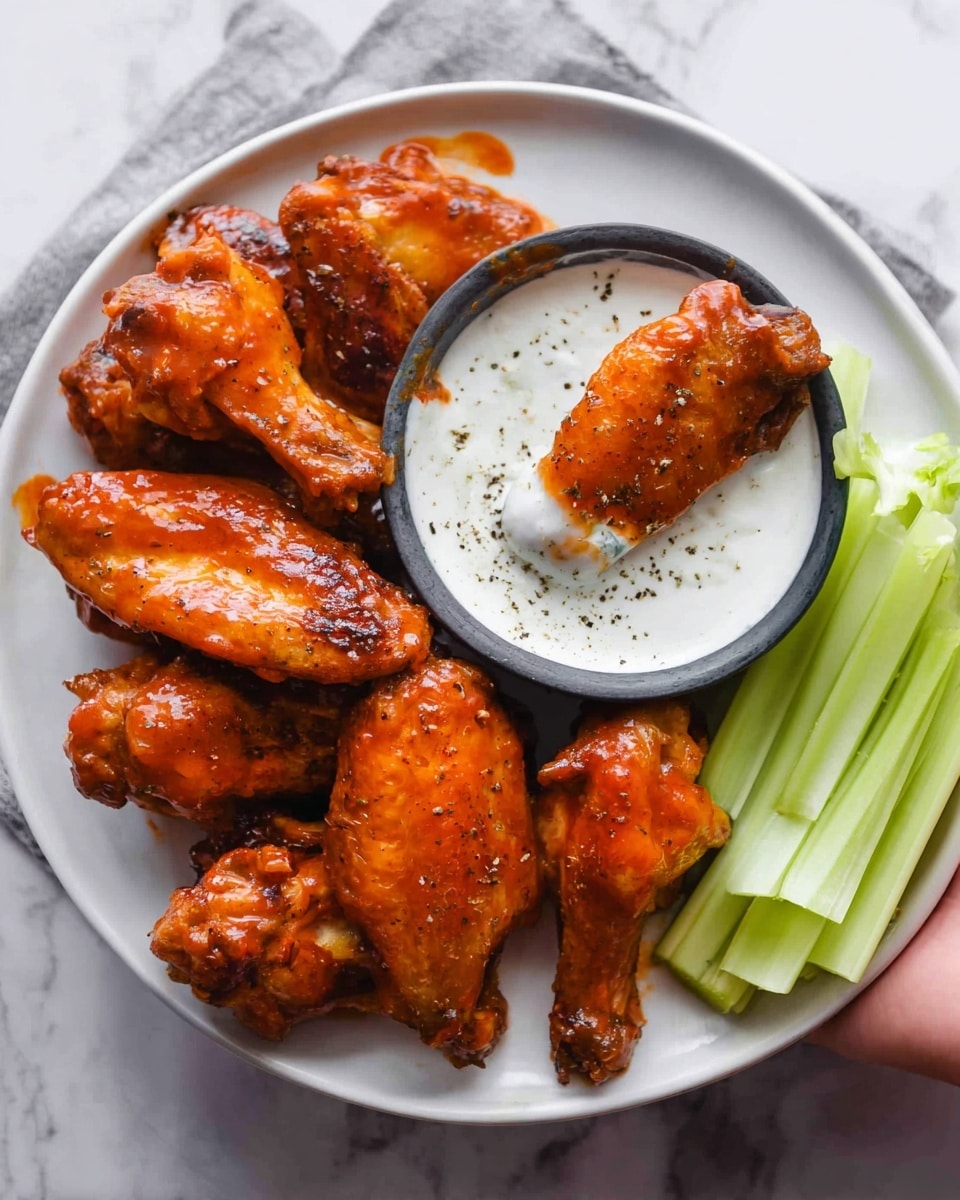 A white plate on a white marbled surface holds eight buffalo wings coated in a shiny orange-red sauce, arranged mostly around a small bowl of white ranch dip with black pepper specks on top. One wing is dipped halfway into the ranch dip, creating a contrast between the bright sauce and creamy dip. To the right of the bowl, several pale green celery sticks sit stacked neatly. A woman's hand holds the plate slightly from the bottom right corner. Photo taken with an iphone --ar 4:5 --v 7