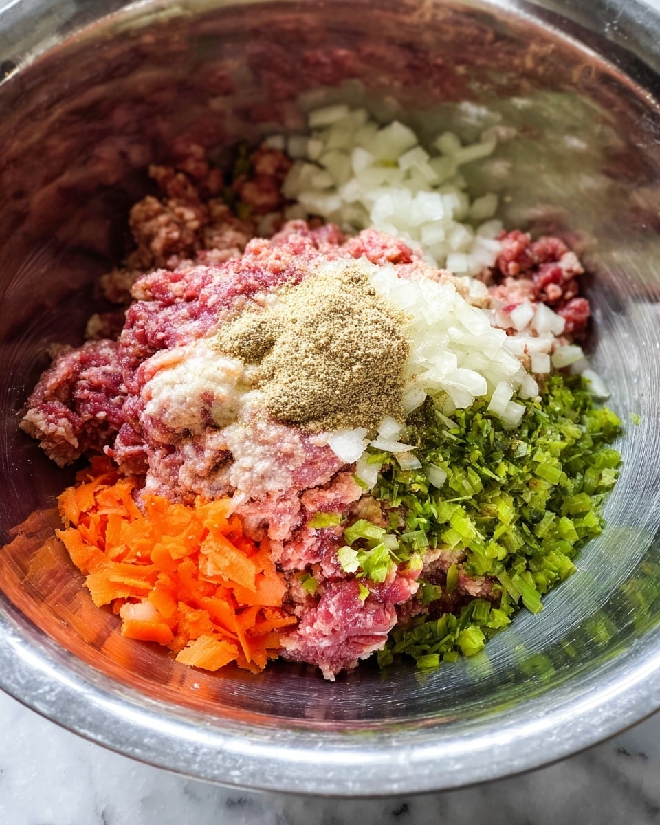 A large silver metal bowl contains several layers of ingredients. At the bottom, there is a pink and reddish layer of ground meat mixed with small orange pieces of shredded carrot. Above this, on the right side, sits a small mound of finely chopped white onion pieces. Next to the onion, towards the center, is a pile of finely chopped green vegetables. On top of these, there is a sprinkling of light brown and beige spices spreading over the green and white layers. The bowl is placed on a white marbled surface. Photo taken with an iphone --ar 4:5 --v 7