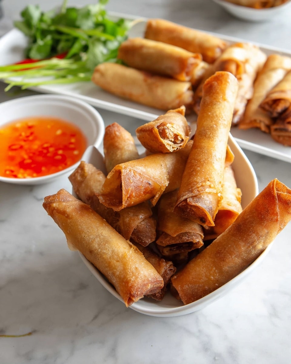 A white bowl is filled with many small, golden brown, crispy spring rolls, stacked vertically and leaning against each other. Behind the bowl, there is a white rectangular plate with more spring rolls laid out in rows. To the left side, there is a small white bowl with bright orange dipping sauce, slightly translucent with red chili bits visible. Fresh green garnishes, including cilantro and green onions, are placed near the dishes on a white marbled surface. The spring rolls have a crunchy, slightly blistered texture and vary slightly in shade from light to darker golden brown, showing crispiness. Photo taken with an iphone --ar 4:5 --v 7