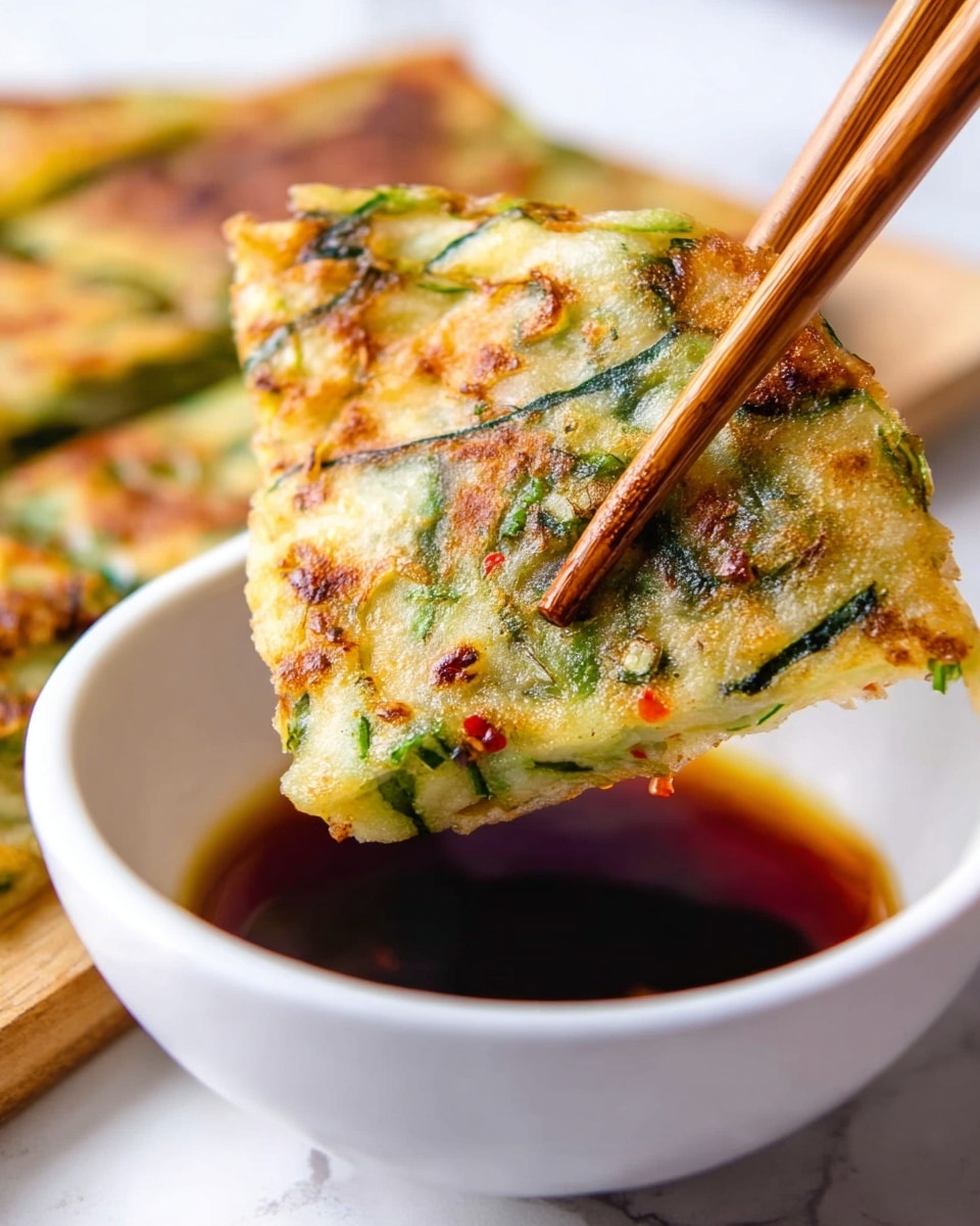 A close-up view shows a golden pancake piece filled with green onions and bits of red pepper, held by a pair of wooden chopsticks above a white bowl containing dark dipping sauce. The pancake is thin with a slightly crispy, browned surface and visible layers of cooked batter mixed with green vegetable strips. The bowl is plain white and sits on a white marbled surface, with the background softly blurred to keep focus on the pancake and sauce. photo taken with an iphone --ar 4:5 --v 7