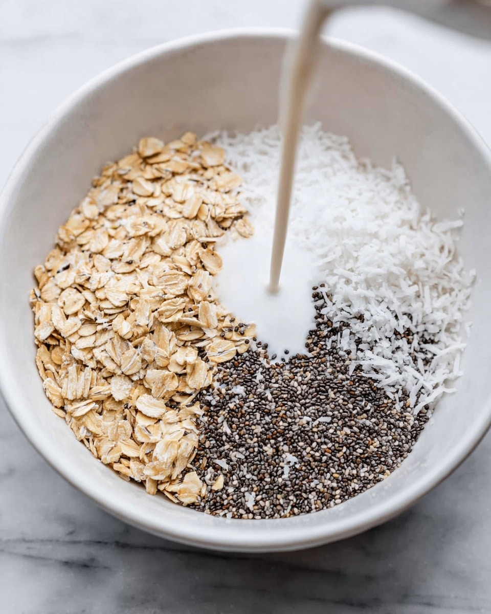 In a white bowl on a white marbled surface, there are three clear sections of dry ingredients arranged side by side: light brown rolled oats on the left, small black chia seeds in the middle, and finely shredded white coconut on the right. A thin stream of white liquid is being poured into the center of the bowl, over the oats and chia seeds, creating a small wet spot where the ingredients meet. The textures show contrast between the rough oats, tiny chia seeds, and fluffy coconut. Photo taken with an iphone --ar 4:5 --v 7