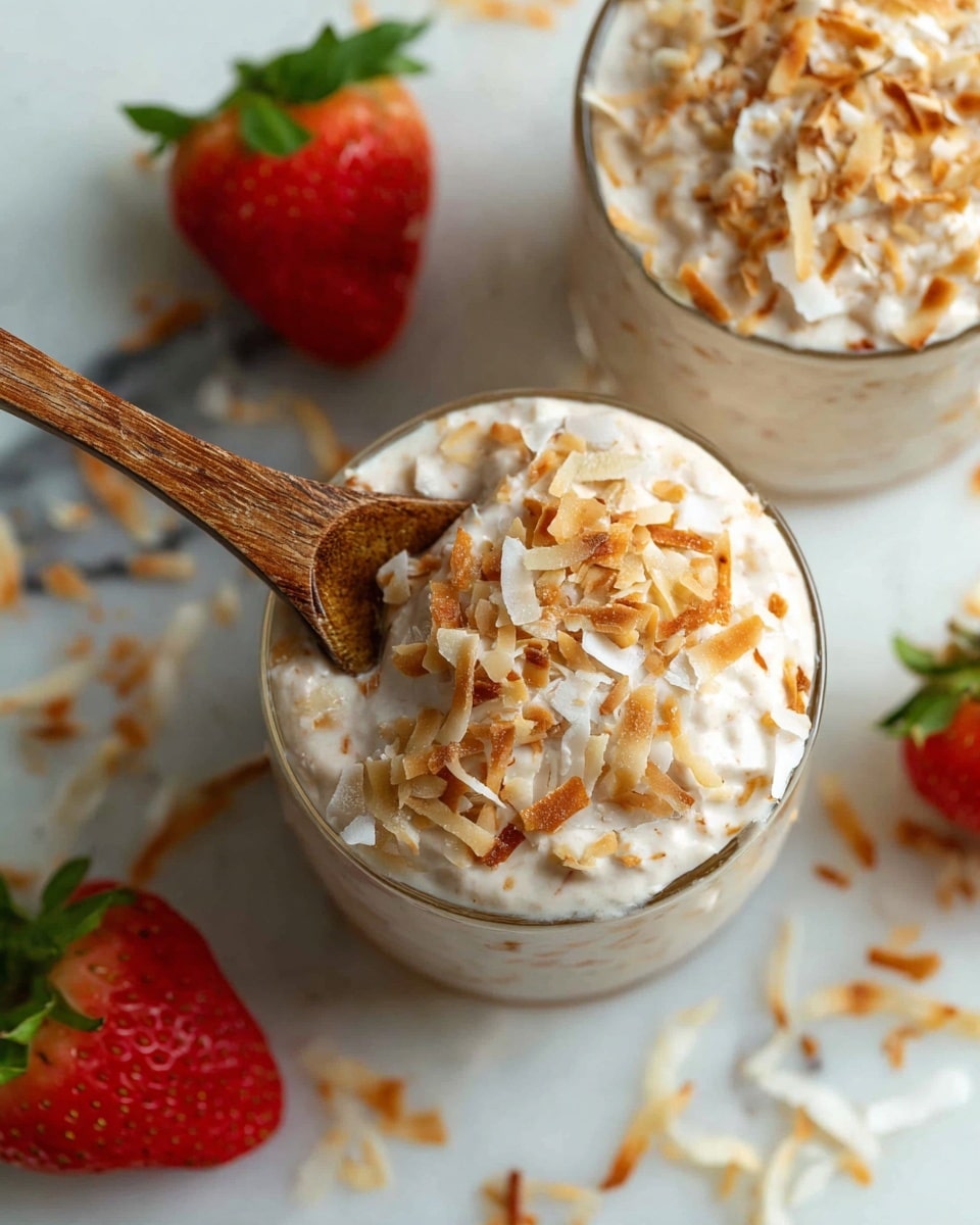 The image shows two round clear glass cups filled with a creamy mixture topped with light brown toasted coconut flakes. The mixture inside is creamy white with hints of beige, creamy and thick in texture, mixed evenly with the toasted flakes. A wooden spoon is placed dipped into the mixture in the cup at the bottom center, showing a scoop taken from the top layer. The cups are set on a white marbled surface scattered with some toasted coconut flakes and a couple of bright red strawberries with green leaves for decoration. The photo is taken from above. photo taken with an iphone --ar 4:5 --v 7