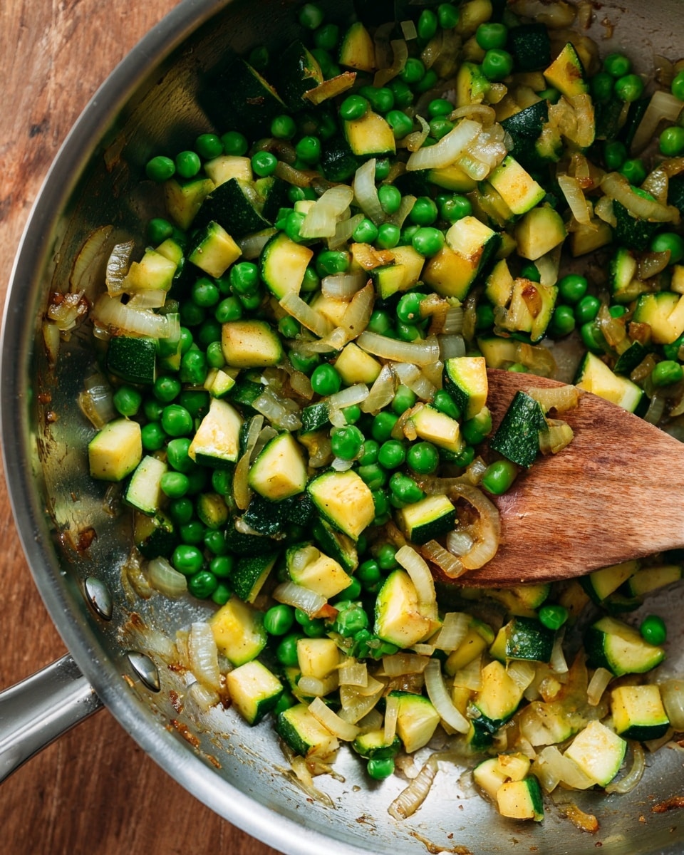 The image shows a close-up of a shiny metal pan filled with cooked mixed vegetables. The vegetables include bright green peas, small yellowish-green zucchini cubes with some light brown sear marks, and translucent sautéed onions with golden edges. A wooden spatula is resting inside the pan, partially covered by the vegetables. The pan is placed on a wooden surface. The overall colors are vibrant greens, yellows, and light browns with a mix of soft and slightly crispy textures visible. photo taken with an iphone --ar 4:5 --v 7