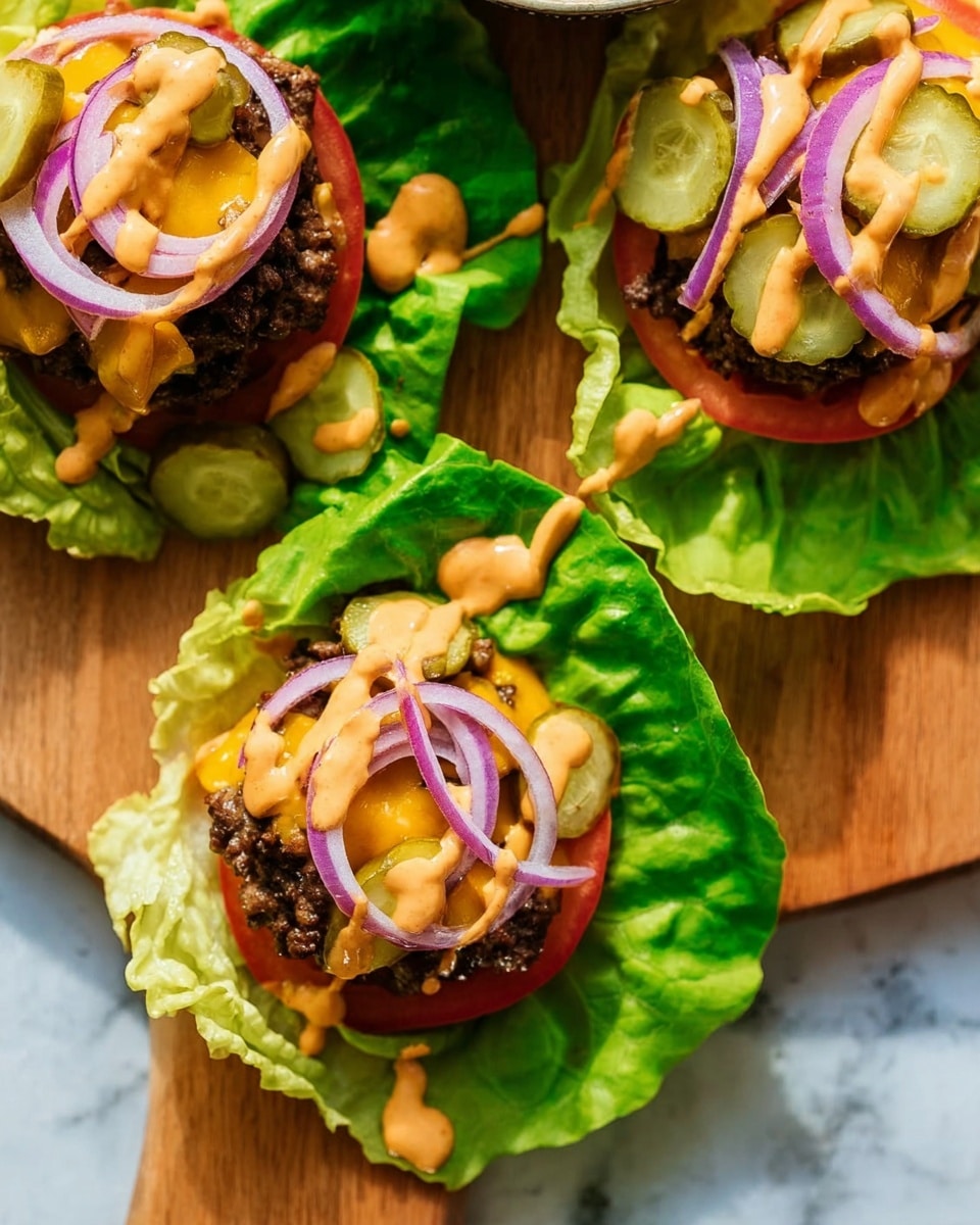 The dish shows three lettuce wraps arranged on a wooden board with a white marbled background. Each wrap has a large green lettuce leaf forming the base. The first layer inside the leaf is a round slice of red tomato. On top of the tomato, there are several slices of light green pickles. A cooked, dark brown beef patty is placed over the pickles, topped with melted cheddar cheese that looks smooth and slightly shiny. Thin rings of purple onion are layered on the cheese. All wraps are finished with a drizzle of orange creamy sauce spread unevenly over the top layers. photo taken with an iphone --ar 4:5 --v 7
