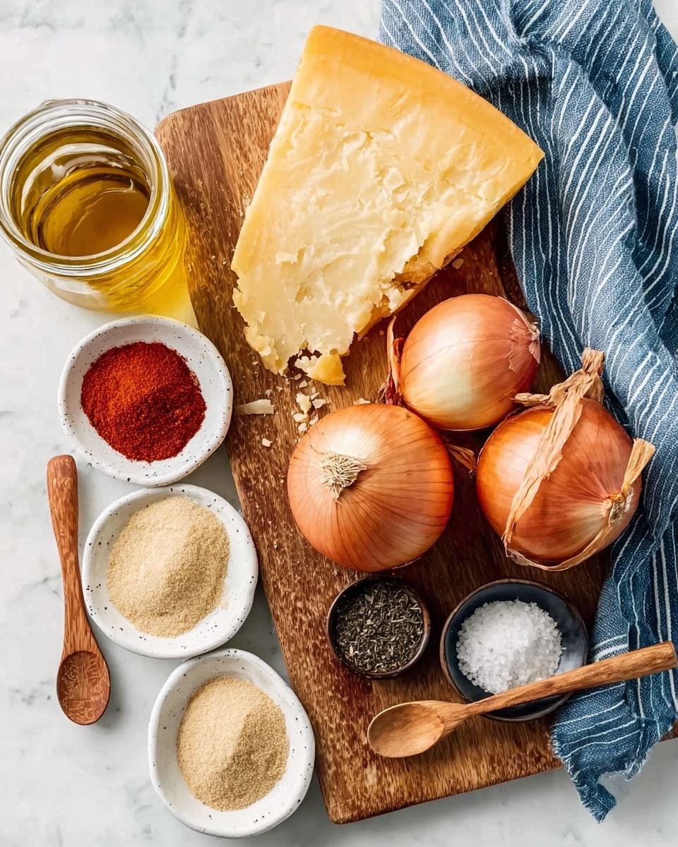 The image shows a wooden board with three light brown onions on the right side, a large wedge of pale yellow cheese with some crumbs on the top left, and a clear glass jar filled with golden liquid near the center. Below the board, on a white marbled surface, there are five small white bowls arranged in two rows: the top row has two bowls filled with red and light brown powders each with a small wooden spoon, and the bottom row has one bowl with a light beige powder and a small wooden spoon, a small black bowl with coarse black crumbs, and a small white bowl with white salt. A blue and white striped cloth is visible on the top right corner. Photo taken with an iphone --ar 4:5 --v 7
