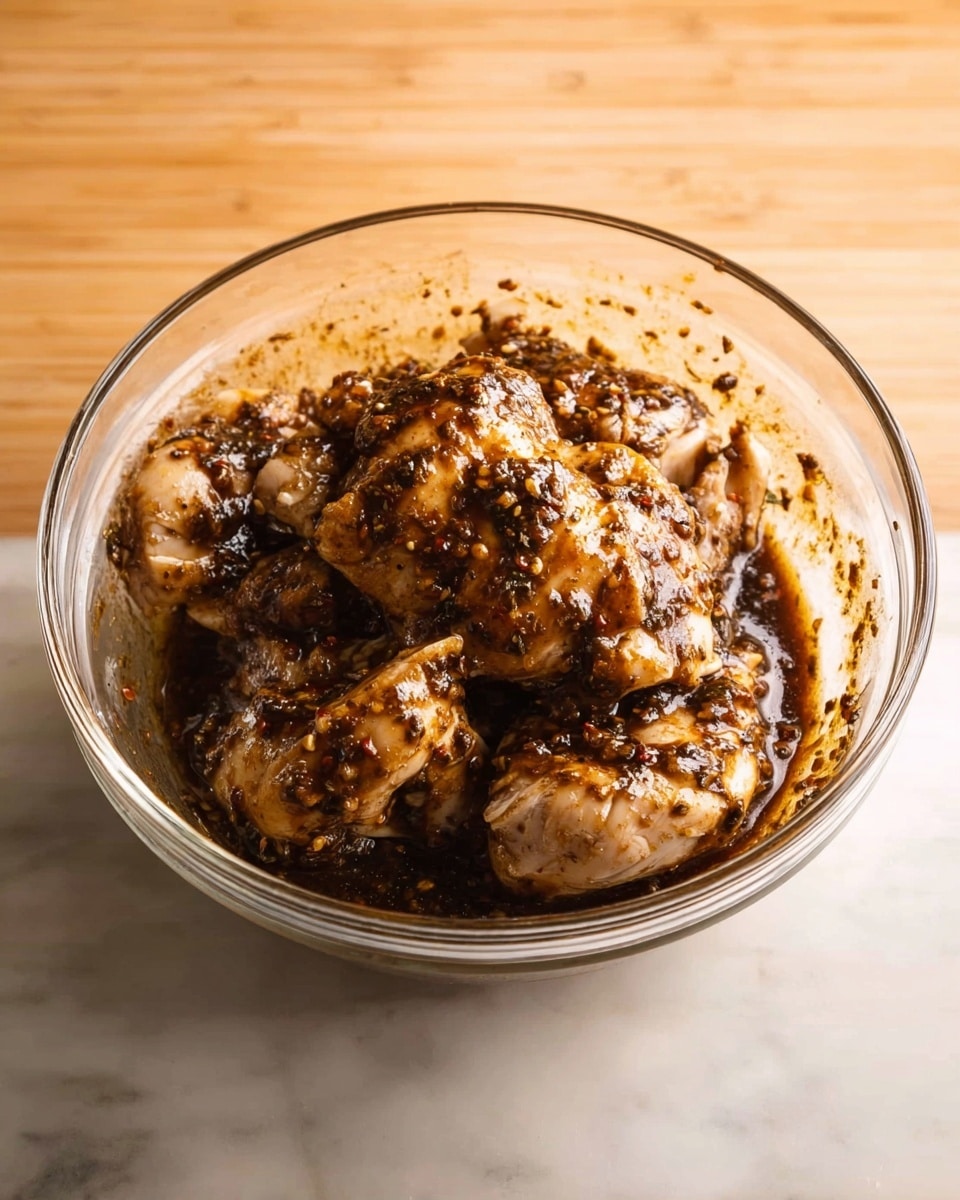 A clear glass bowl holds several raw pieces of light beige chicken covered in a thick, dark brown sauce with visible bits of spices and herbs. The bowl sits on a white marbled surface, and the sauce looks sticky and richly textured, coating the chicken unevenly. The chicken pieces are stacked loosely on top of each other, filling most of the bowl. The lighting is warm, casting soft shadows around the bowl. photo taken with an iphone --ar 4:5 --v 7