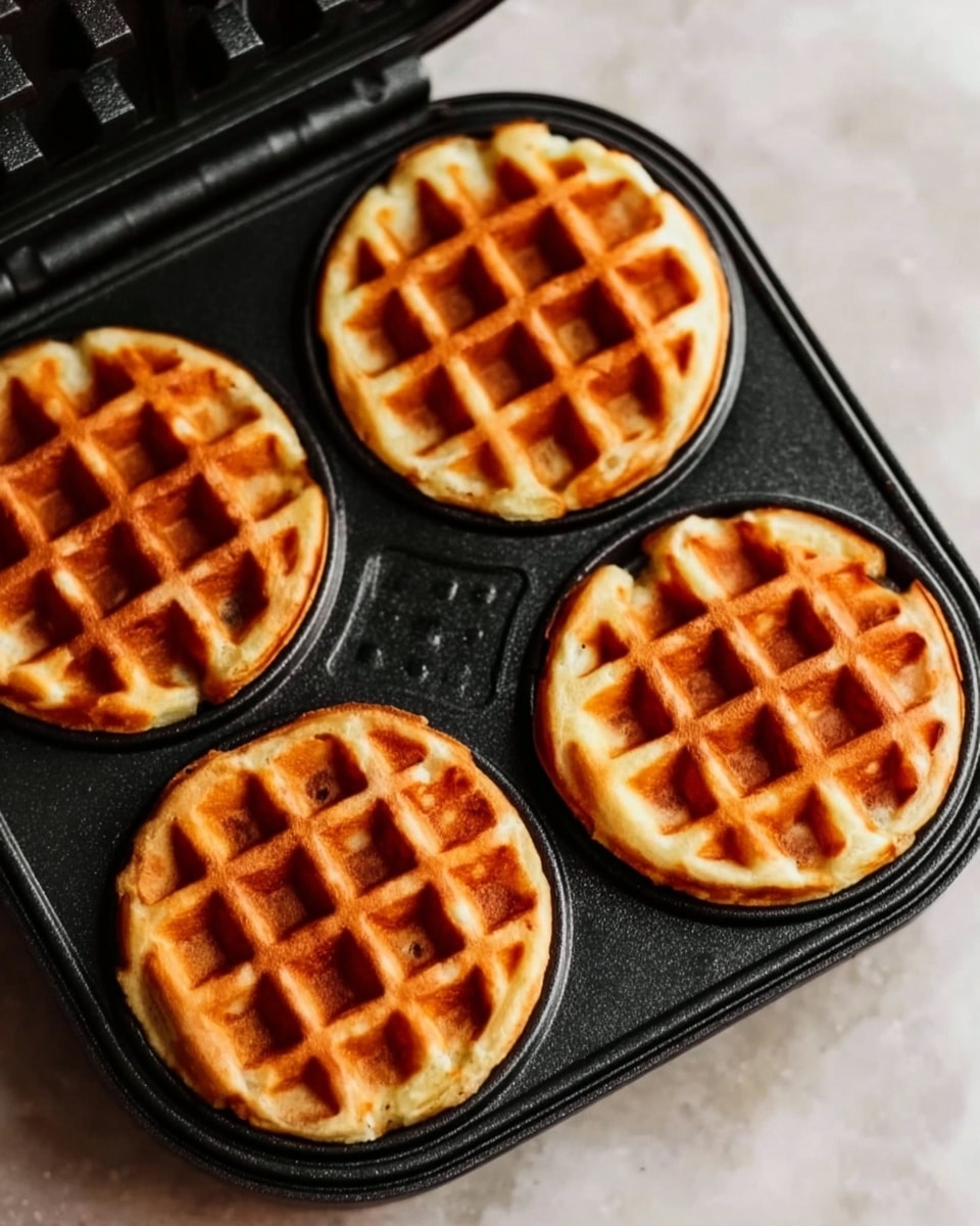 The image shows a close-up of a black waffle iron with four round waffles inside it. Each waffle has a golden-brown color with a crisp texture on the outside and a grid pattern from the waffle iron. The waffles sit snugly in each round mold, with slightly uneven edges that highlight their homemade look. The background is a white marbled surface, adding a clean and simple feel to the scene. The light highlights the warm tones of the waffles, making them look fresh and inviting. photo taken with an iphone --ar 4:5 --v 7