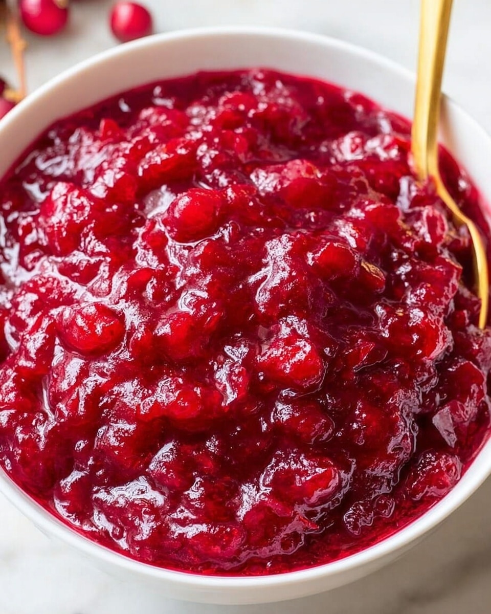 A close-up view of a white bowl filled with bright red cranberry sauce. The sauce looks thick and chunky with visible soft cranberry pieces all over the top layer. It has a shiny, slightly wet texture that shows it is fresh and juicy. The bowl is placed on a white marbled surface, and a gold spoon is partially visible on the right side inside the bowl. Photo taken with an iphone --ar 4:5 --v 7